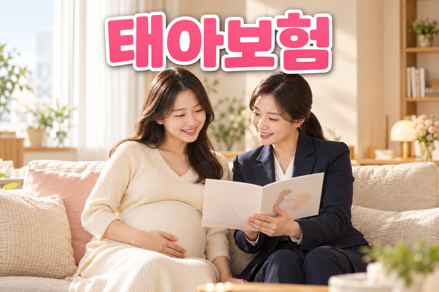 태아보험 안내 자료를 함께 살펴보는 임산부와 상담자 이미지
